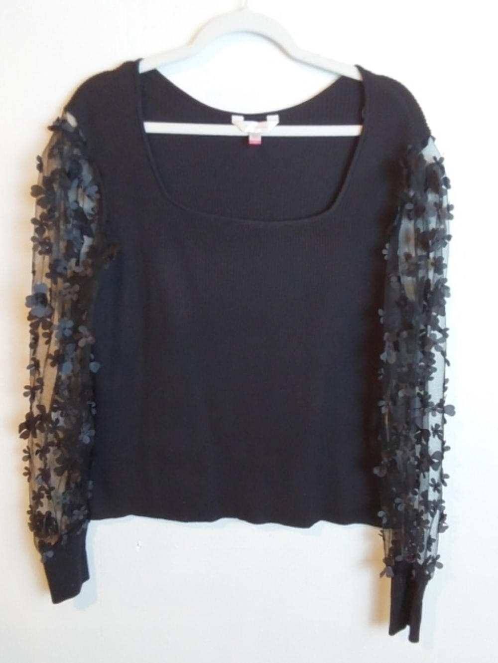 No Boundaries | Black Ribbed Crewneck Sweater Sheer Embellished Sleeves Sz.3X
